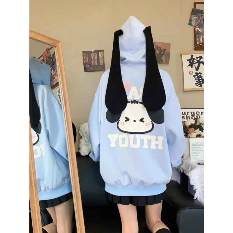 Streetwear Women Spring New Cute Cartoon Long Eared Dog Zip Hoodies Female Students Loose Oversize Sweatshirs Long Sleeved Coats