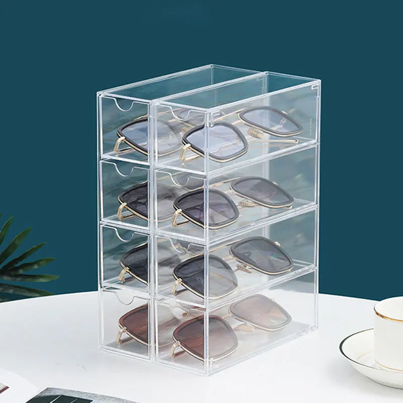 

Clear Acrylic Glasses Storage Case with Four Layers Stackable Dustproof Drawers for Desktop Organization