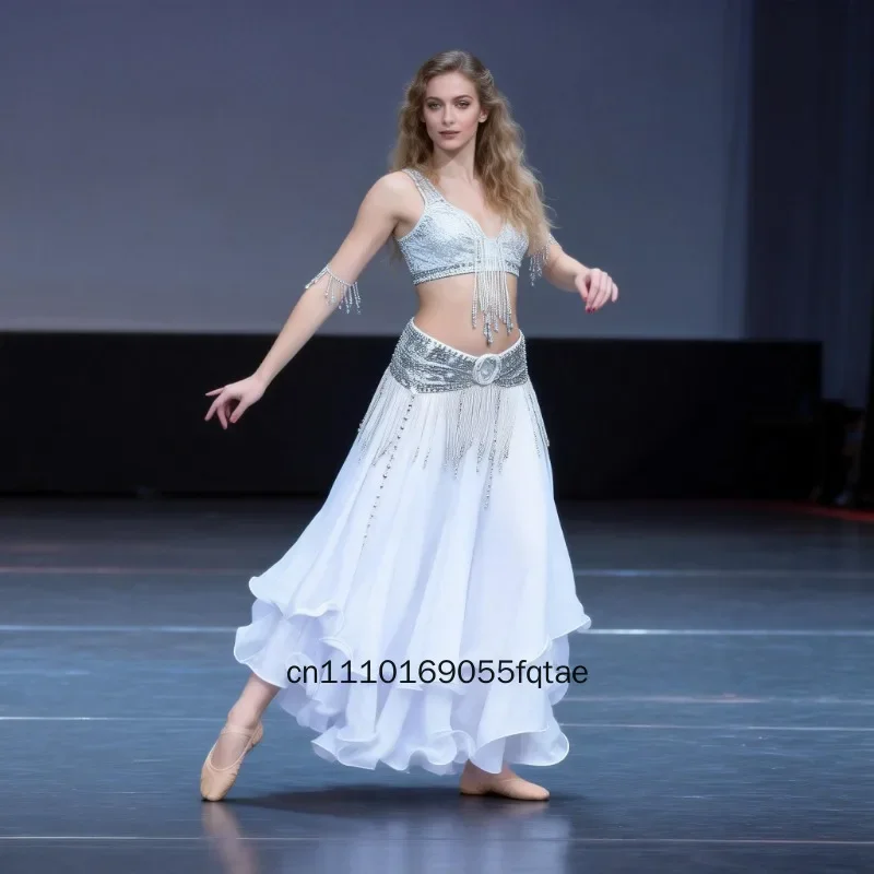 Falda de gasa de tres capas rizada para mujer 2026, disfraz de danza del vientre oriental sin cinturón, falda de flamenco española para actuaciones en escenario