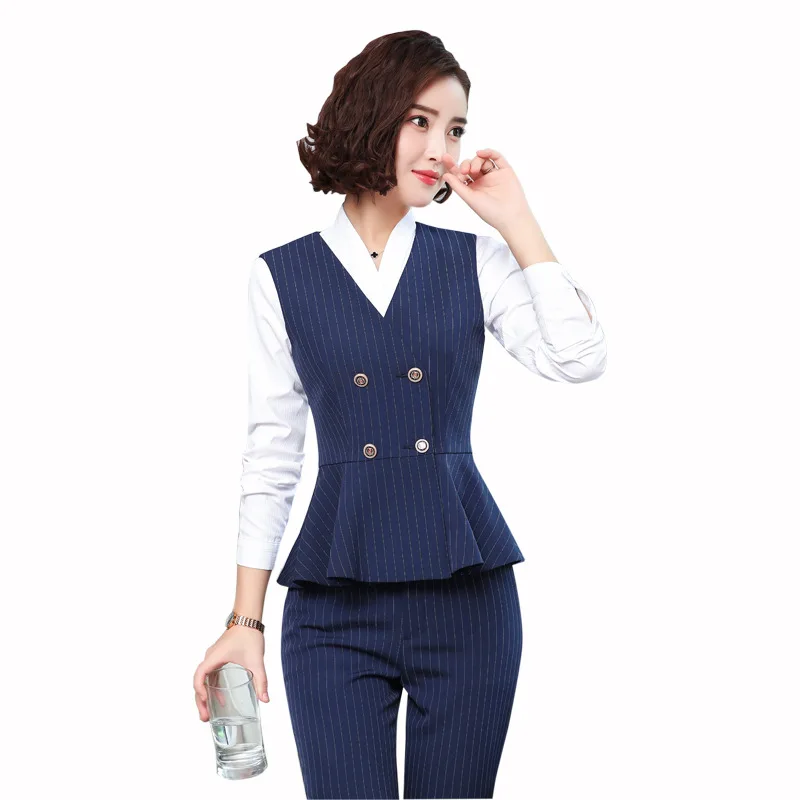 Korean Style Uniform Work Wear Suits with Jackets and Skirt Novelty Navy Stripe, Professional Office Uniforms for Business Women