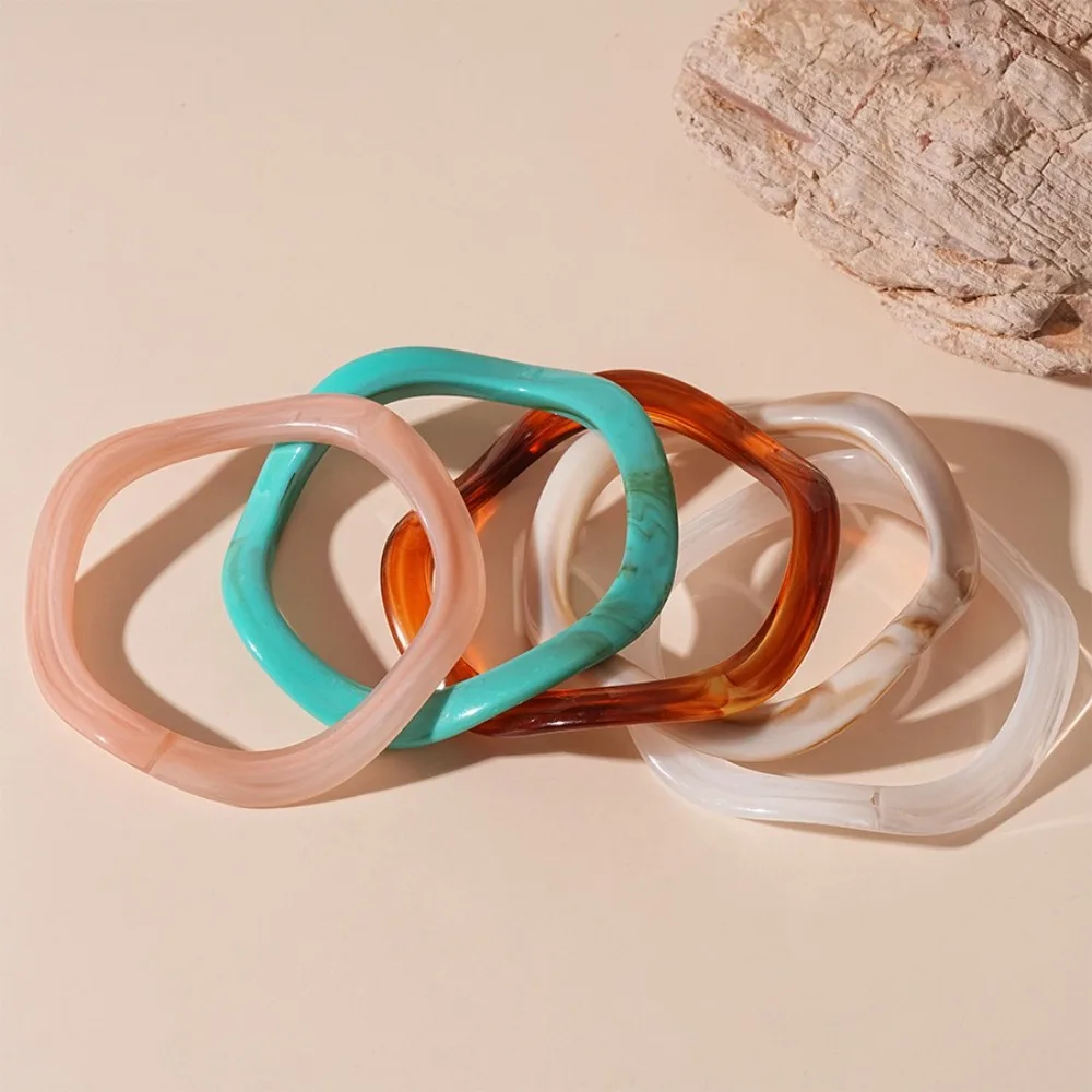 Simple Bohemian Acrylic Bangle Geometric Europe American Style Irregular Wide Bracelet Curved Jelly Color Retro Hand Ring Women