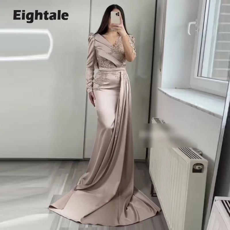 Eightale Champagner Abendkleid für Hochzeit Party Satin Perlen Lange Ärmel Spitze Vintage Meerjungfrau Prom Kleider Promi Kleid