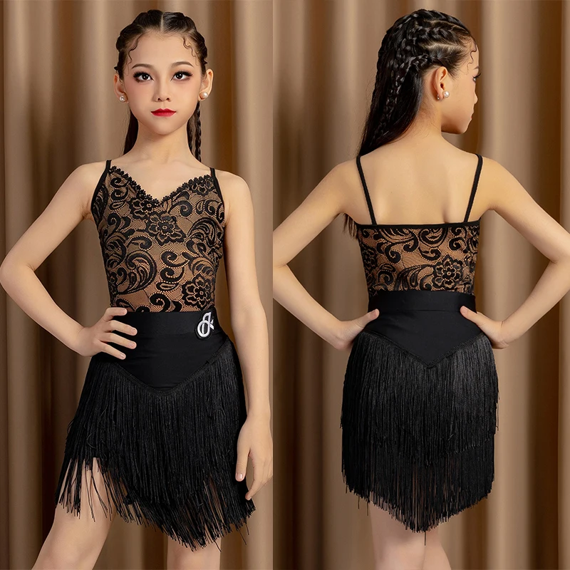 

Новинка 2025, кружевной топ с v-образным вырезом, юбка с кисточками, костюм, платье для латинских танцев, чача-румба, танцевальные костюмы, костюм для соревнований, DQL11499