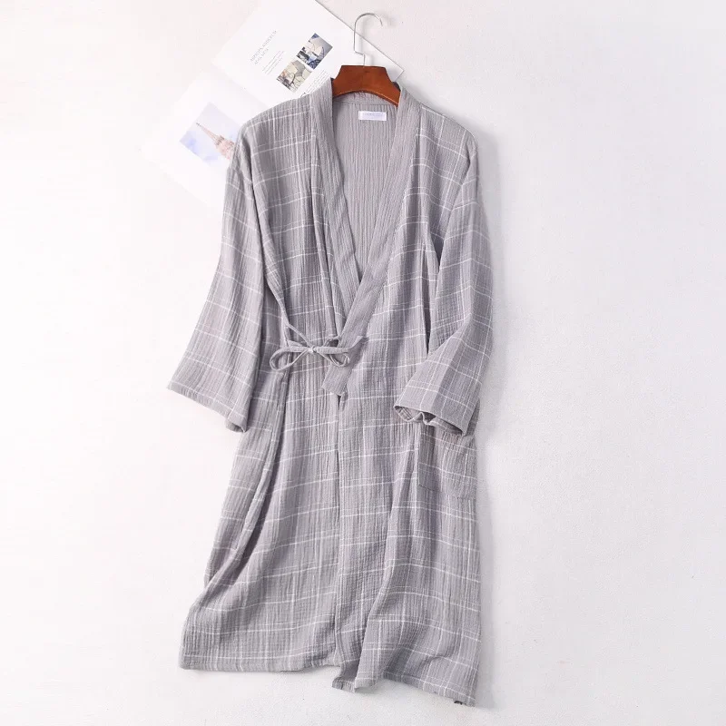 Couples Gauze Kimono Robes Plaid Bathrobe Homewear Long Sleeve Cotton Long Robe Women and Men Sleep Tops Loose Soft Sleepwear