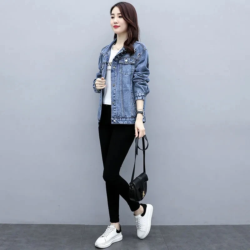 New Korean Blue Jeans Jacket Women's Autumn Embroidered Letters Loose Joker Denim Coat Single-Breasted Bomber Casual Tops Female