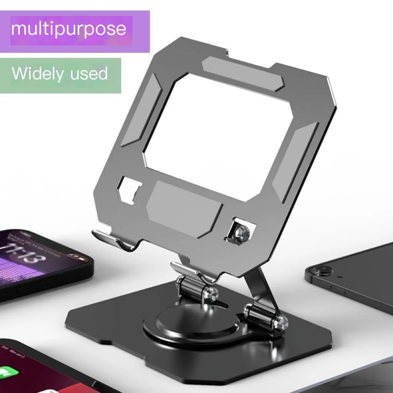 Immagine 3: Ampio supporto per tablet interamente in metallo, supporto per telefono da tavolo pieghevole girevole multifunzionale, supporto antiscivolo e stabile