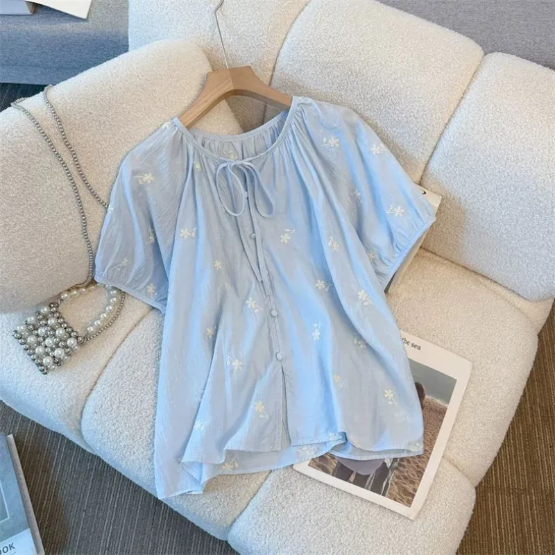 

Women Clothing Summer Korean Fashion Button Embroidered Solid Color O-neck Ladies Simplicity Drawstring Short Sleeve Cardigan
