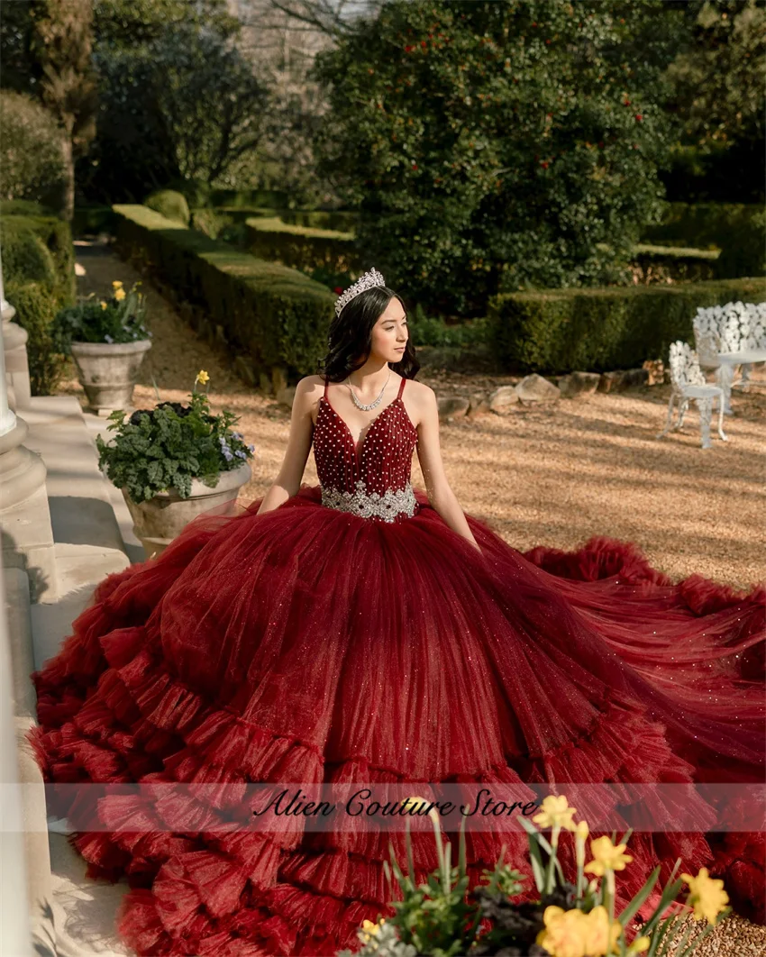Wine Red Ball Gown Quinceanera Dress For Birthday Party Gowns Bead Diamonds Tiered Ruffle Mexico Robe Court Train Customized 