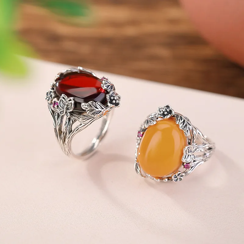 S925 Sterling Blood Amber Flower Leaf Cabochon Blossoming Silver Ring