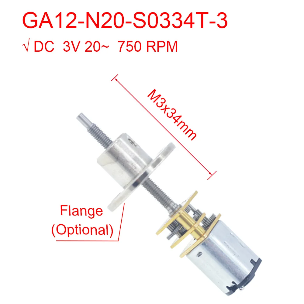 

GA12 N20 M3 * 34mm DC 3V Thread Mini Micro Gear Reduction 20 750 RPM Back and Forth Move Stainless Steel Shaft Motor with Flange