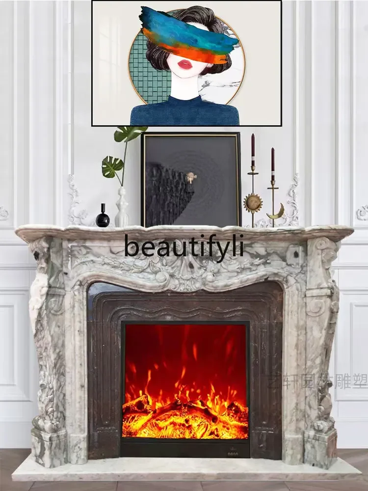 

Stone carving marble large white European carved fireplace rack, living room stone decorative cabinet customization6005