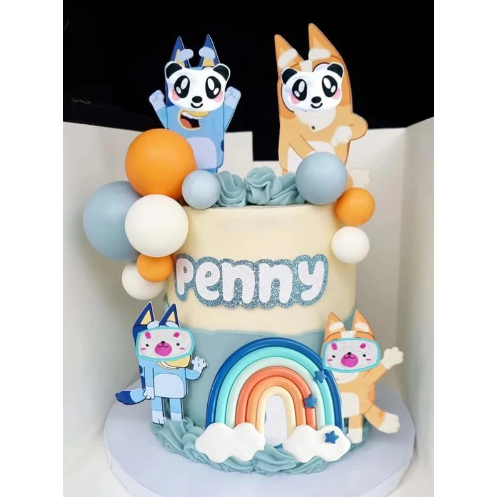 Lebendige blaue Regenbogen-Kuchenaufsätze mit orange-weißen Kugeln – Zubehör für Hunde-, Geburtstags- und Babyparty-Partydekorationen – Detail 6