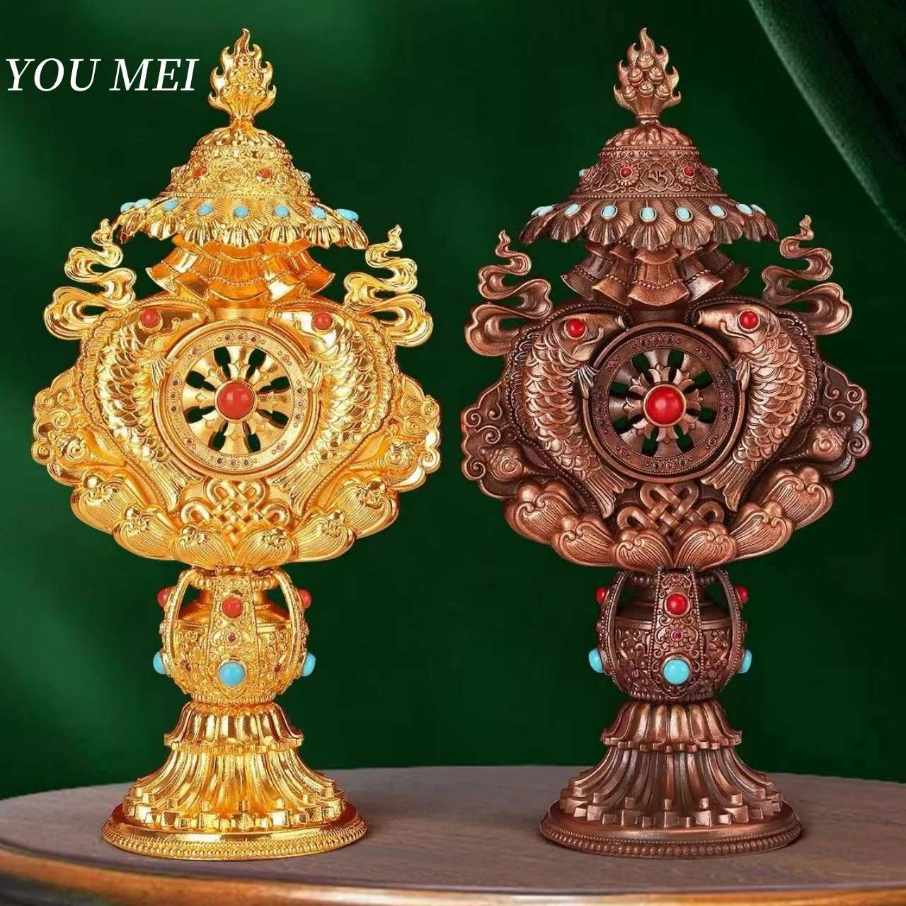 

Buddhist Copper Alloy Engraving Inlaid Gem Eight Auspicious Altars Desktop Ornament,Tantric Golden Wheel Buddhist Item Religious
