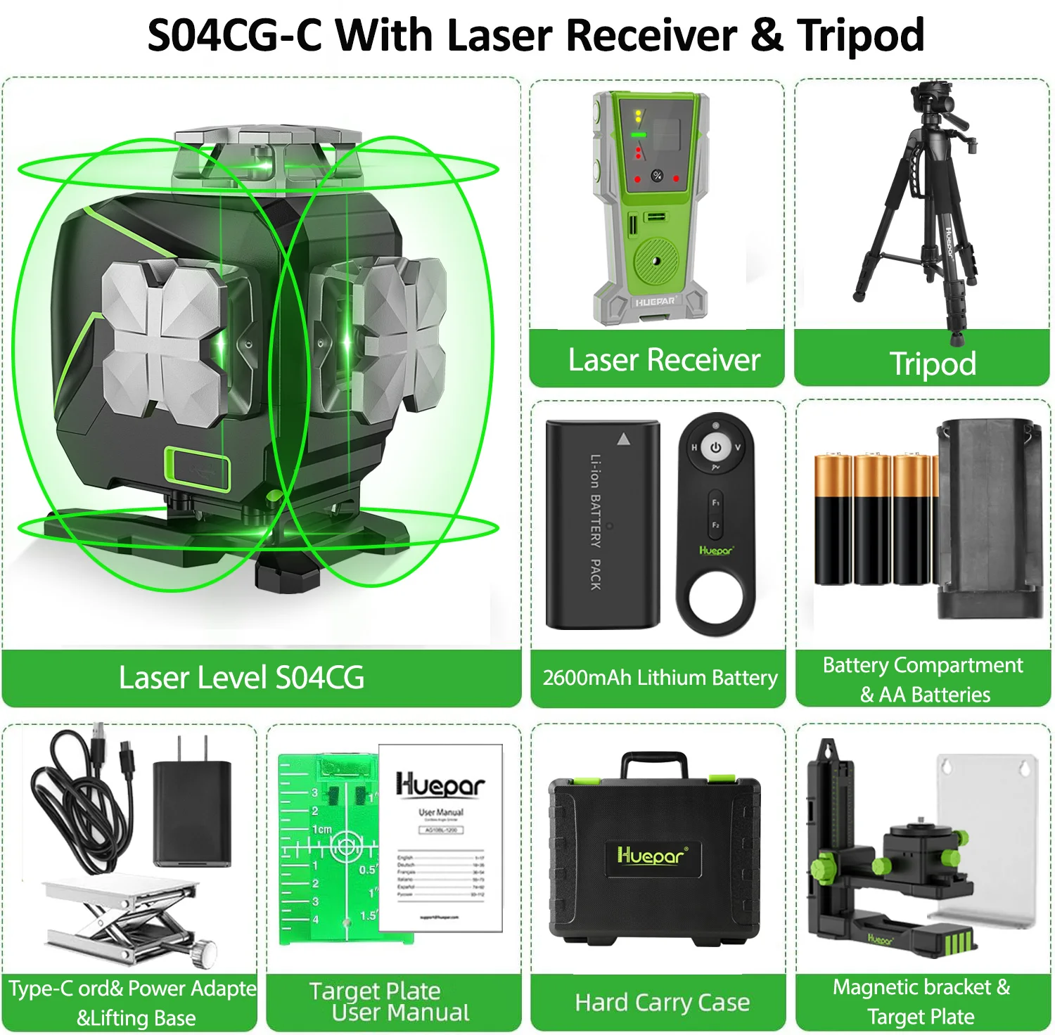 Huepar S04CG-C Set 4D 16 Linien Kreuzlinienlaser Level LCD/Bluetooth/Fernbedienung Laserwerkzeuge mit Detektor Stativ Entfernungsmesser Adapter