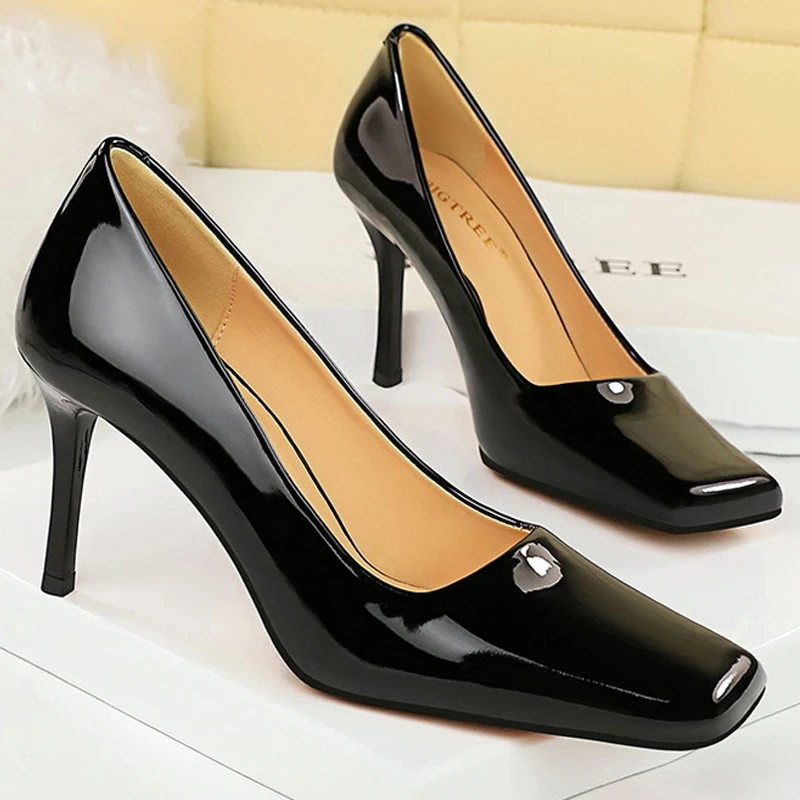 BIGTREE Shoes Square Toe Women Pumps Patent Leather High Heels Stilettos Career Office Shoes Sexy Party Shoes Women Heels 8.5cm