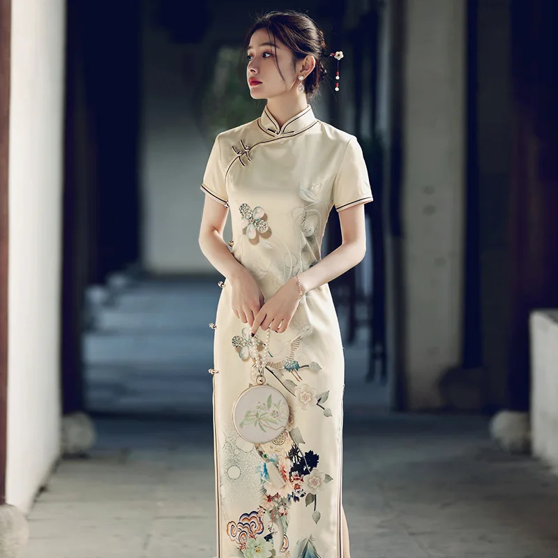 

Длинное китайское платье Qipao для девушек, современное элегантное женское платье, женское летнее винтажное платье