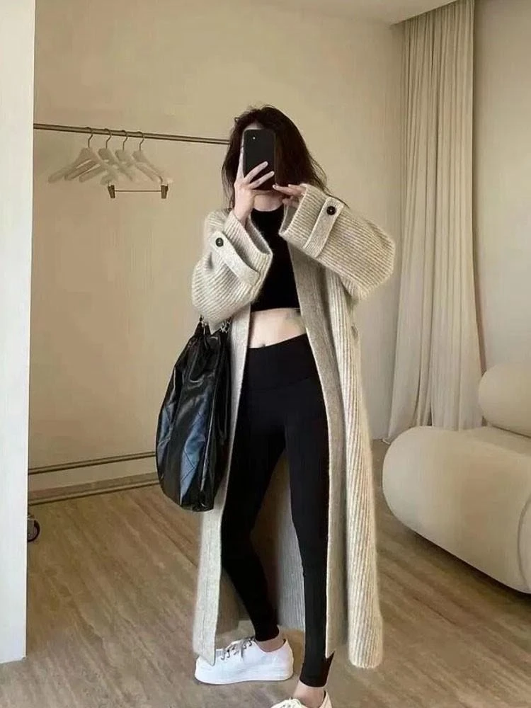 

Long Ladies Knit Sweaters Fashion 2025 Lightweight Casual New in Knitwear Trend Korean Streetwear Sleeve Solid Women's Cardigans