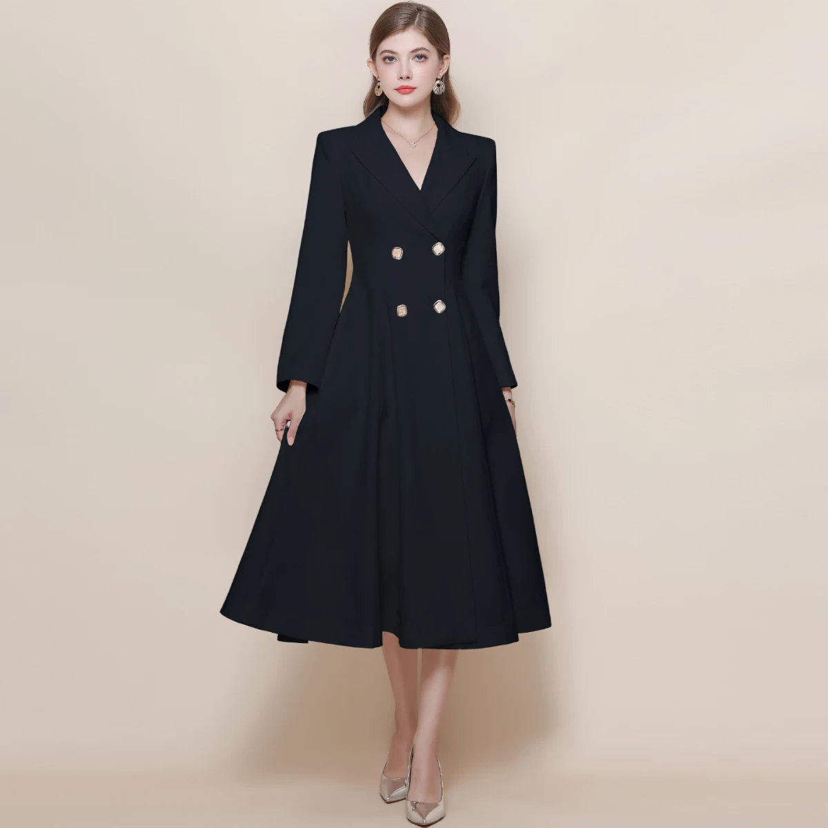 

Французское осеннее платье-блейзер с зубчатым воротником, женское двубортное офисное женское платье трапециевидной формы, осеннее элегантное вечернее платье с длинными рукавами