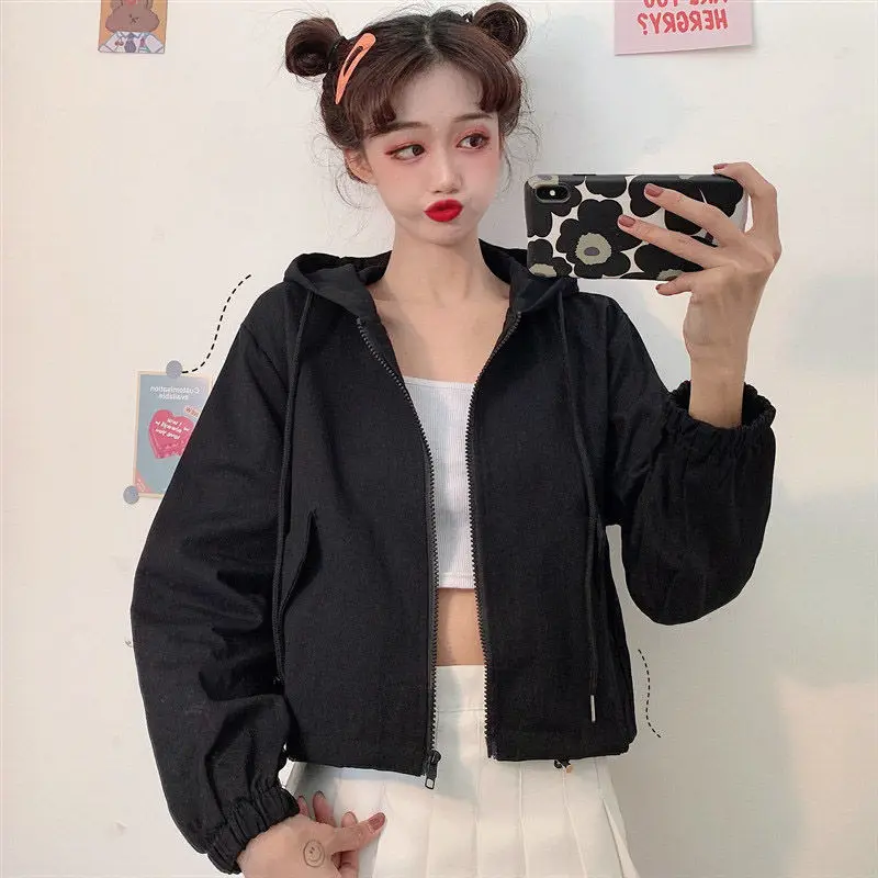 Damskie kurtki basic z daszkiem, krótkie, wiosenne, w stylu preppy, proste, wygodne, codzienne, zapinane na zamek, codzienne, dla nastolatek, uniwersalne, popularne, w stylu koreańskim.