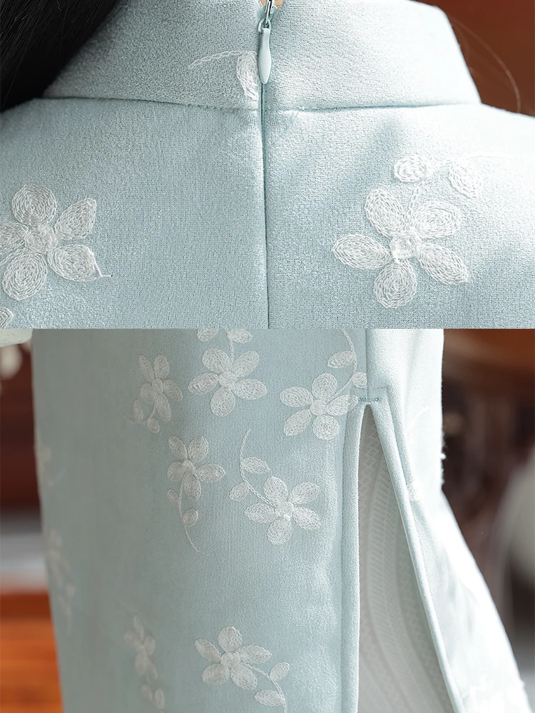 Robe Qipao Traditionnelle Rétro pour Femme, Doublée Polaire, Manches Longues, Taille Cintrée, Longueur Midi, Couleur Bleue, Nouvelle Collection Automne Hiver