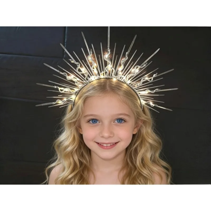 

LED lamp/Medusa Halo Crown with Sunburst & Snake Details-Gold Egyptian Goddess Headdress for Cosplay&Theme Parties.niñas zubehör
