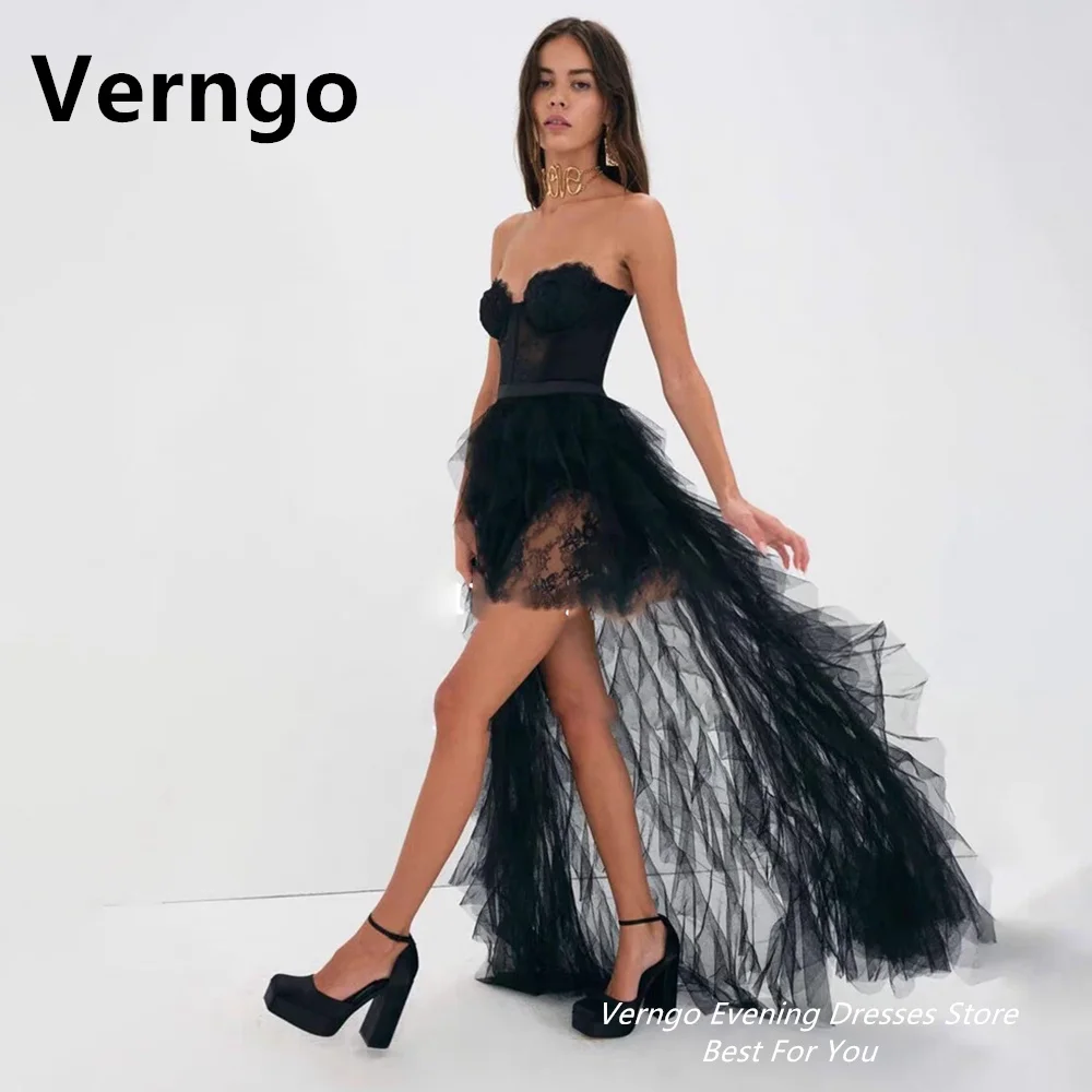 

Verngo Sweetheart Sleeveless Lace Party Dresses For Women Prom Gowns High/Low Tulle Evening Dress Tiered Cocktail Dress