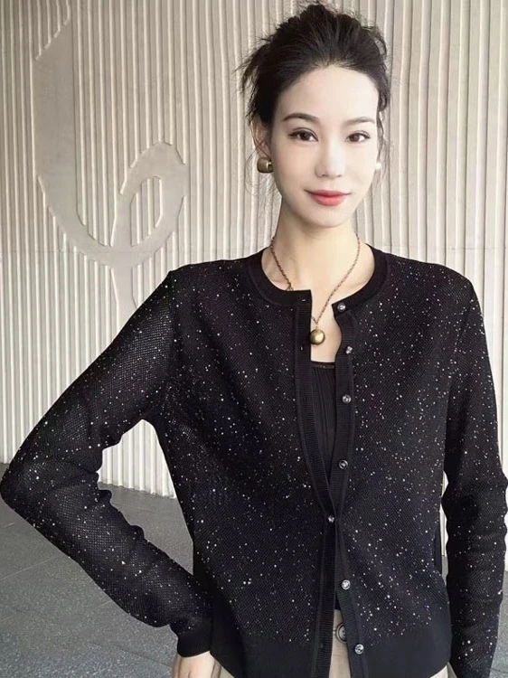 

Amai Spring 2025 round Ne Glimmering Knitted Open Cardigan Women's Faion Sle Nylon Long Sve Regular Fit Single Piece