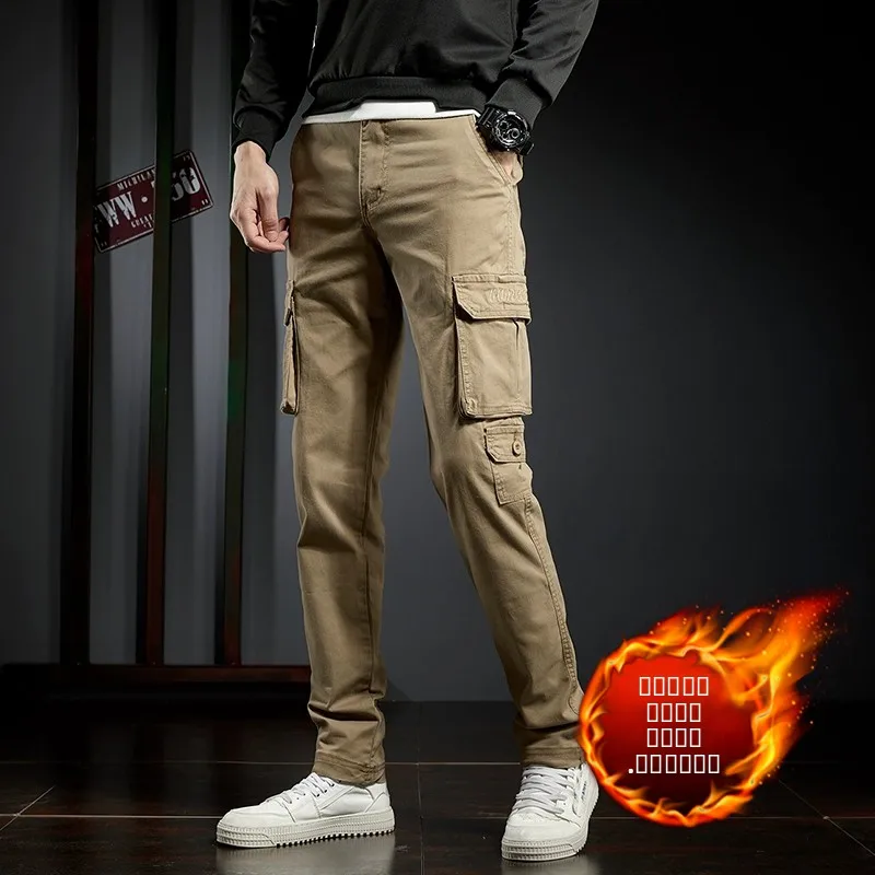 

Мужские рабочие брюки в стиле ретро, осенне-зимние, на флисовой подкладке, приталенные, повседневные, ветрозащитные, из хлопка, с множеством карманов