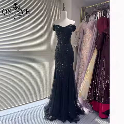 Big Sequin Lace Black Prom Dress Off Shoulder Crystal Mermaid Tulle Bottom Evening Gown Elegant Boned Bodice Woman Formal Dress