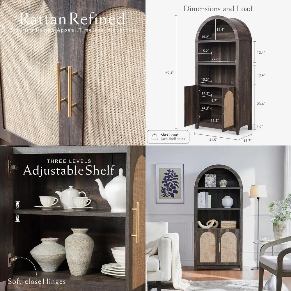 

Арочный шкаф-витрина из ротанга - высокий книжный шкаф в стиле Century, 69,3 дюйма, отделка под дуб, открытые полки для гостиной или столовой (комплект)