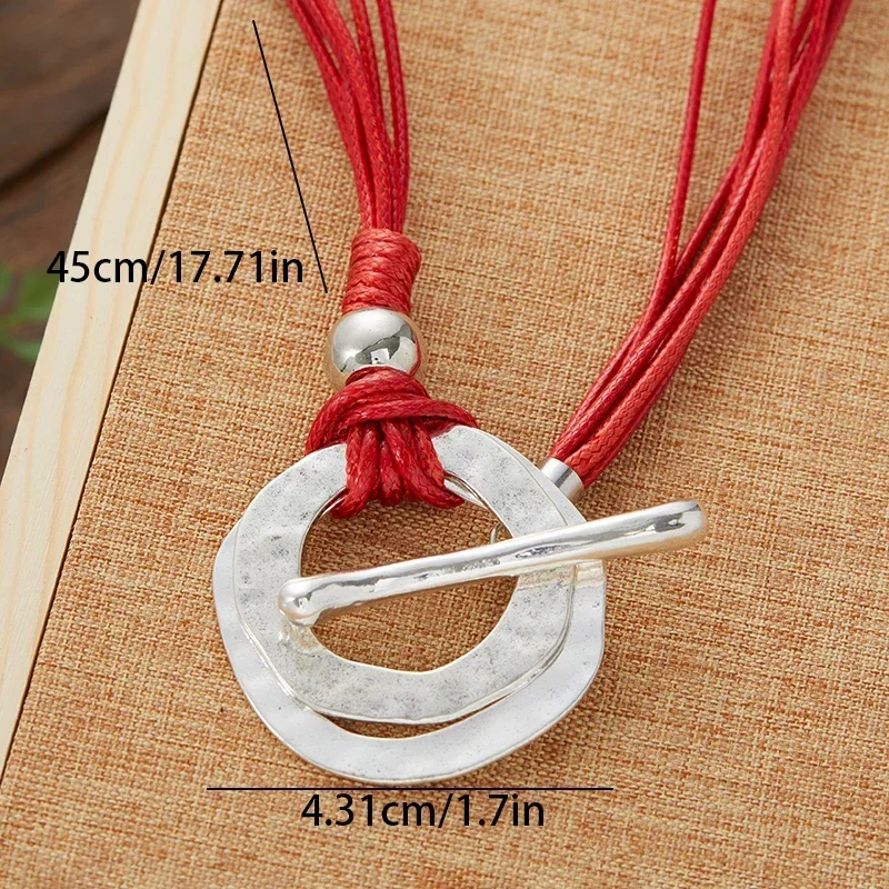 Retro Bohemian Ethnic Style Irregular Circle OT Buckle Shape Pendant Necklace Red Leather Rope Eye-catching Party Gift