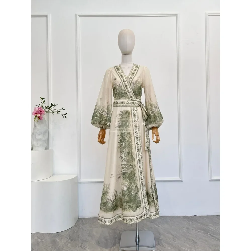 فستان نسائي أبيض وأخضر بنمط نباتي مطبوع بأكمام طويلة فستان متوسط الطول من القطن عالي الجودة