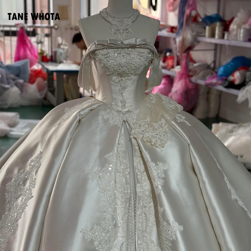 Vestido De Novia Strapless Wedding Dress Lace Up Back Ball Gown Sequins Beading Satin Bridal Dress