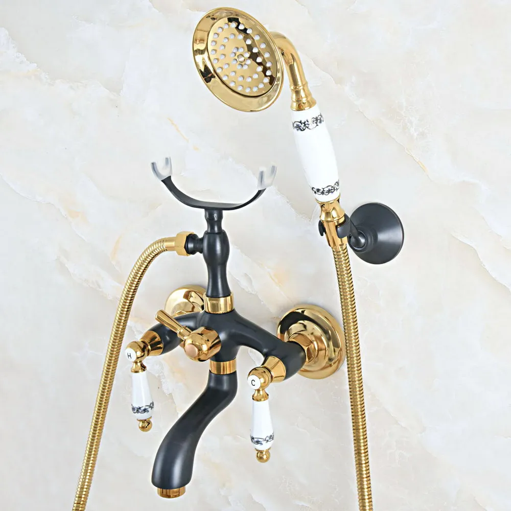 Oil Rubbed & Gold Brass Two Handle Wall Mounted Bathroom Bath Tub Faucet Set with 150CM Hand Held Shower Spray Mixer Tap 2na549