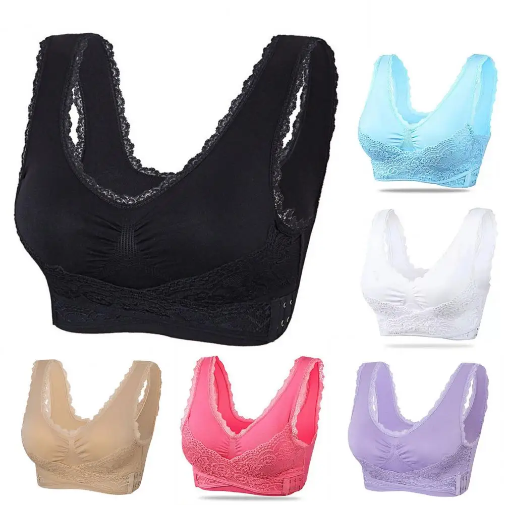 

Women Cross Front Side Buckle Push Up Lace Wireless Brassiere Bra Underwear For Yoga Perspective Full Cup Solid Color Seamless