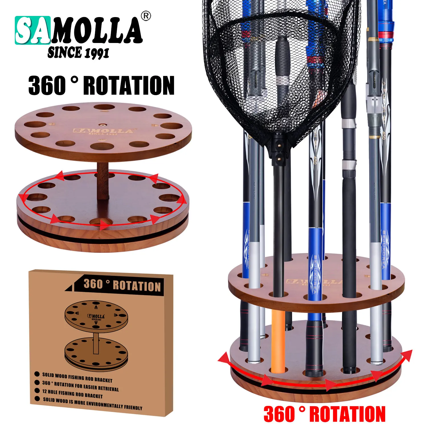 360 ° Rotation Wooden 12 Slots Round Fishing Rod Holder Space Saving Storage Organizer with Groove Design Fishing Gear 