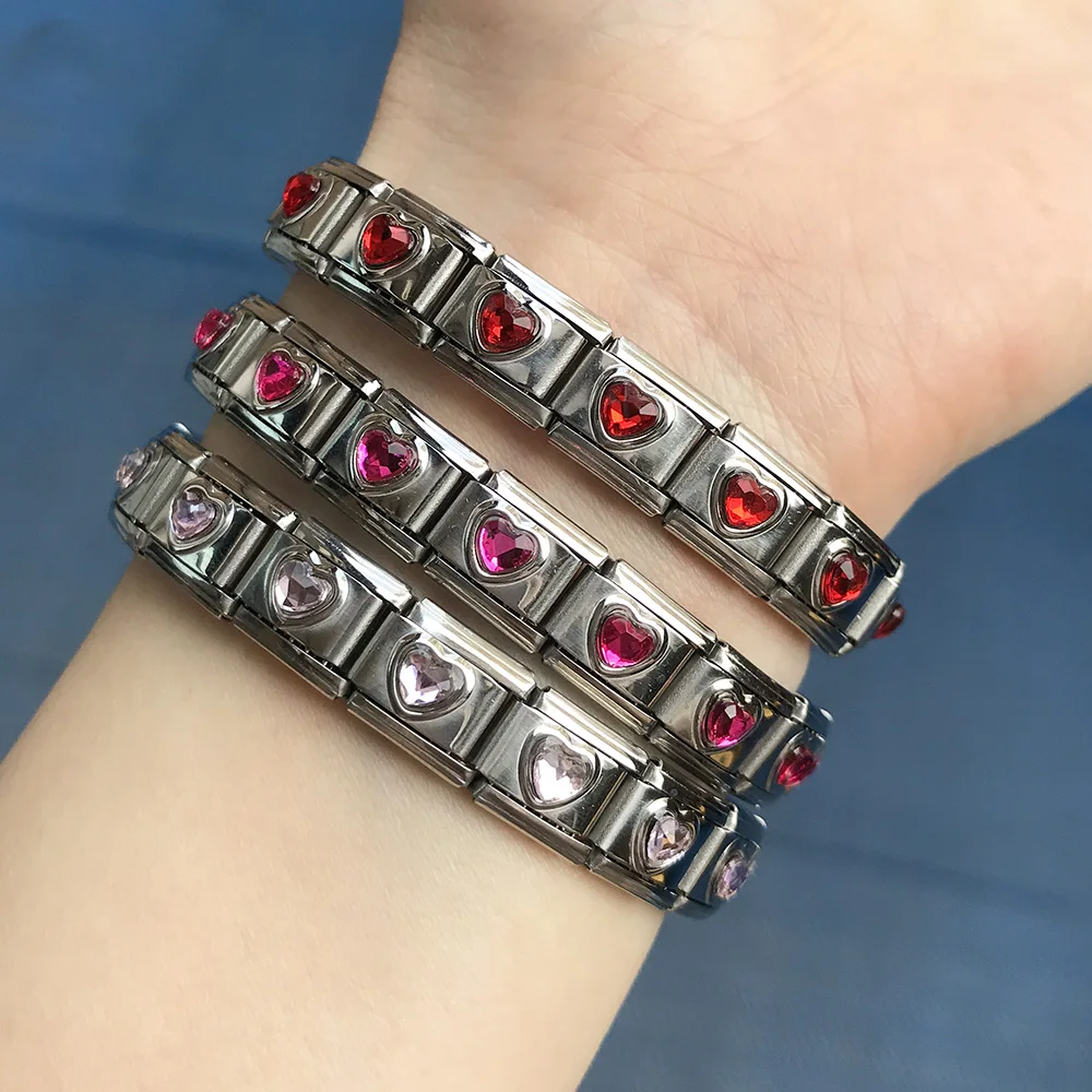 Fashion Tide Women Heart Colorful Zirconia Italian Charm Link Fit 9mm Stainless Steel Bracelets Making DIY Jewelry Gifts