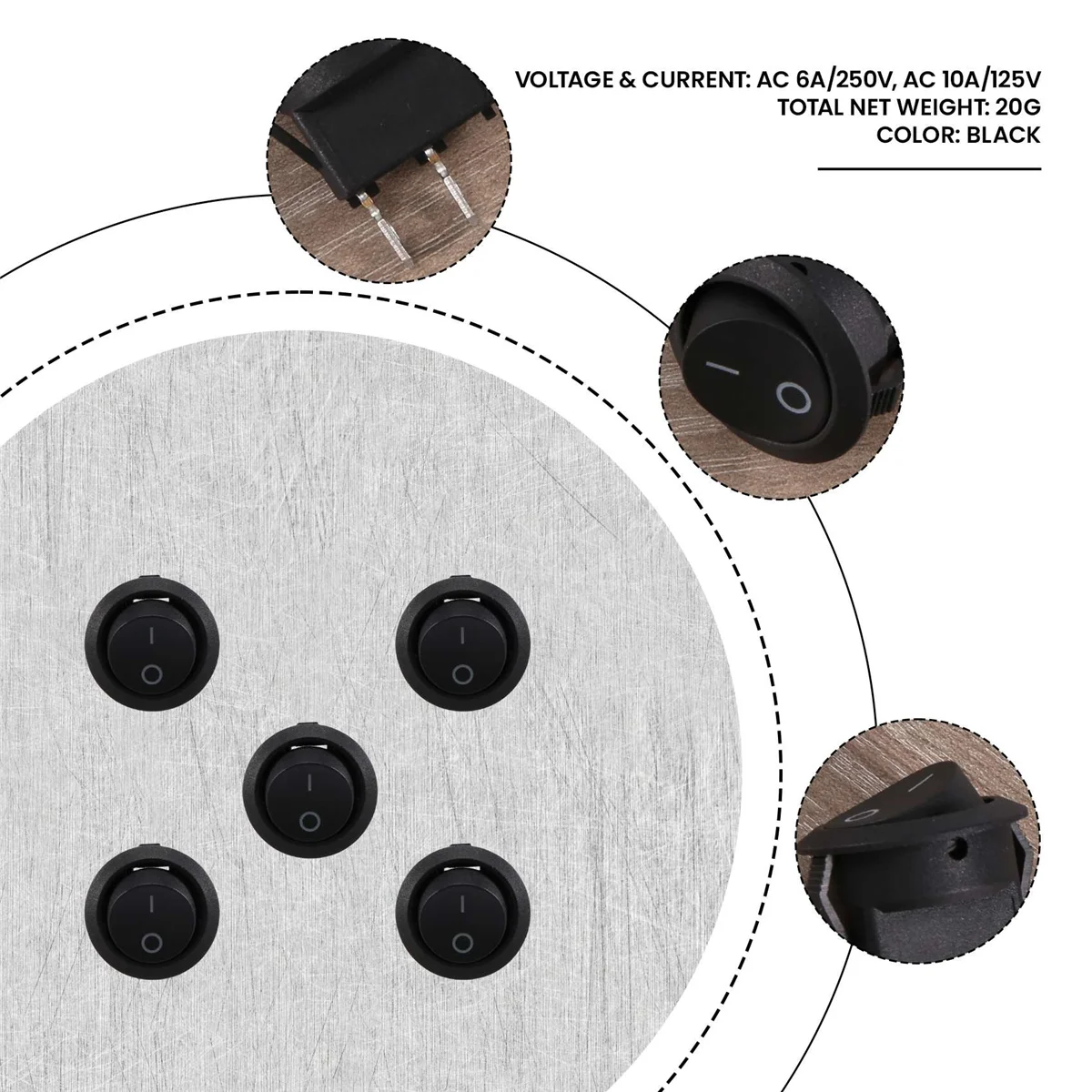 5 unidades SPST botão preto liga/desliga interruptor oscilante redondo AC 6A/250V 10A/125V