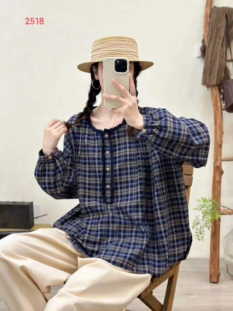 New 2025 Fall Cotton Long Sleeve Shirt, Women O Neck Plaid Ruffles Patchwork, Mori Girl Retro Preppy Style Loose Blouse T5O582CC
