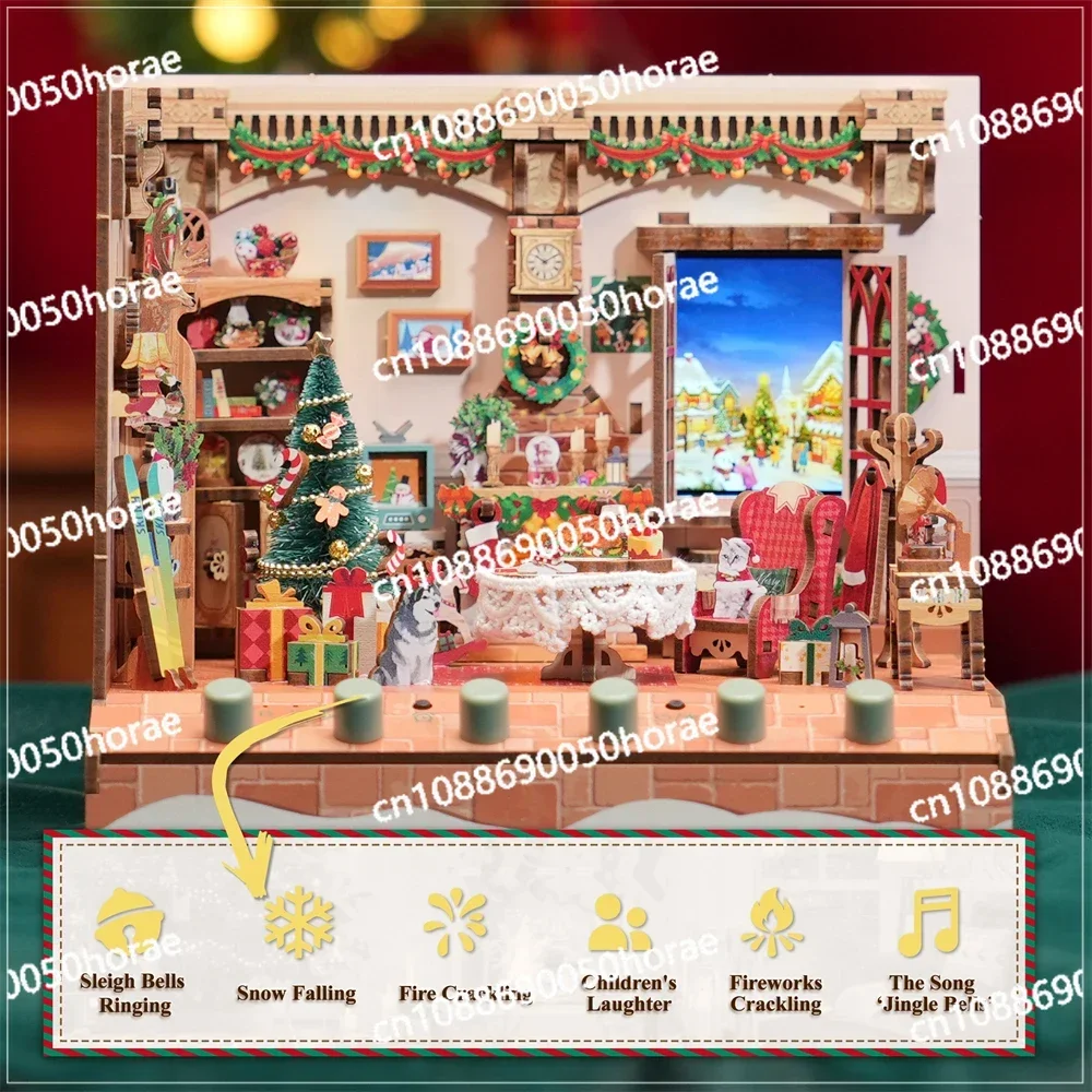 Tonecheer The Christmas Cottage Sound Machine Light Up Christmas Toys Christmas Home Decor Puzzle Wood Toys Decorations for Kids