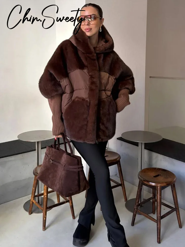 معطف نسائي غير رسمي منسوج من الفرو مع قلنسوة بأكمام كاملة معاطف فضفاضة ودافئة وسميكة للسيدات ملابس شتوية أنيقة جديدة لعام 2025