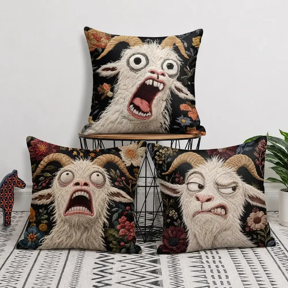 Comical Screaming Goat Character Cushion Cover Short Plush Soft Double-Sided Printing Pillow Case Cozy Sofa Bedroom Home Decor