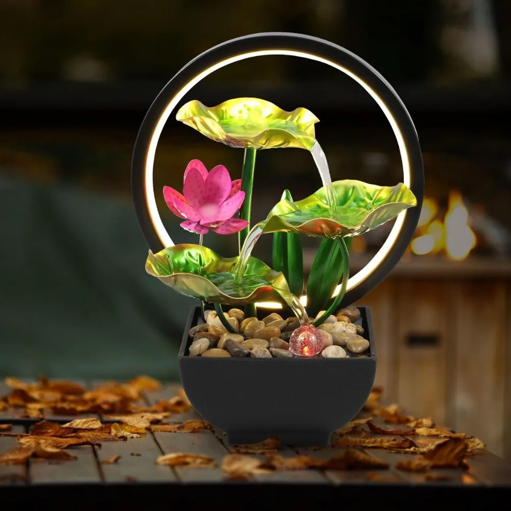 Fuente de sobremesa de hoja de 3 niveles, fuentes de cascada pequeñas de 11 ", fuente de agua interior con rocas y luces de anillo, fuentes de escritorio