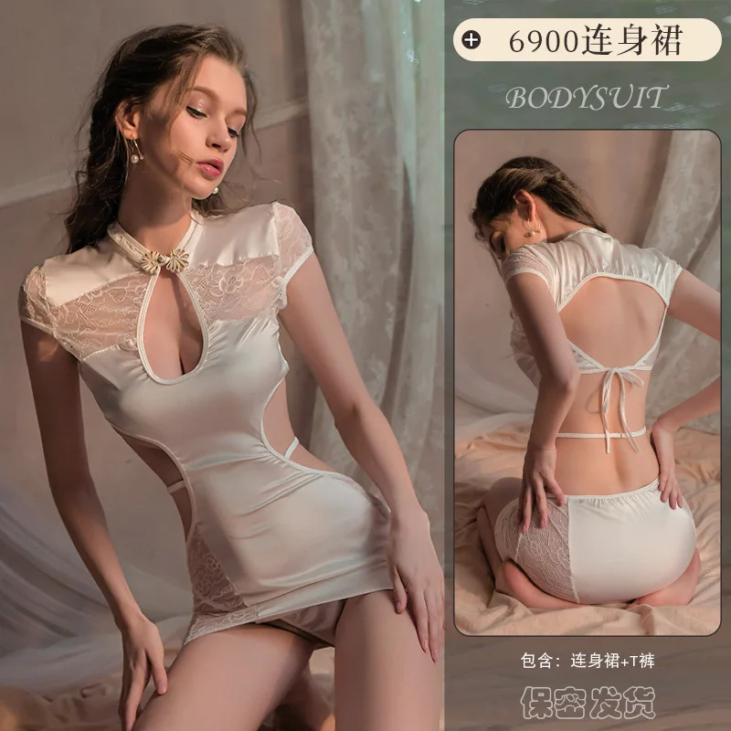 Vestido Qipao calado de estilo chino para mujer, lencería Sexy de satén de encaje, Cheongsams chinos tradicionales, uniforme, disfraces sexuales para club nocturno