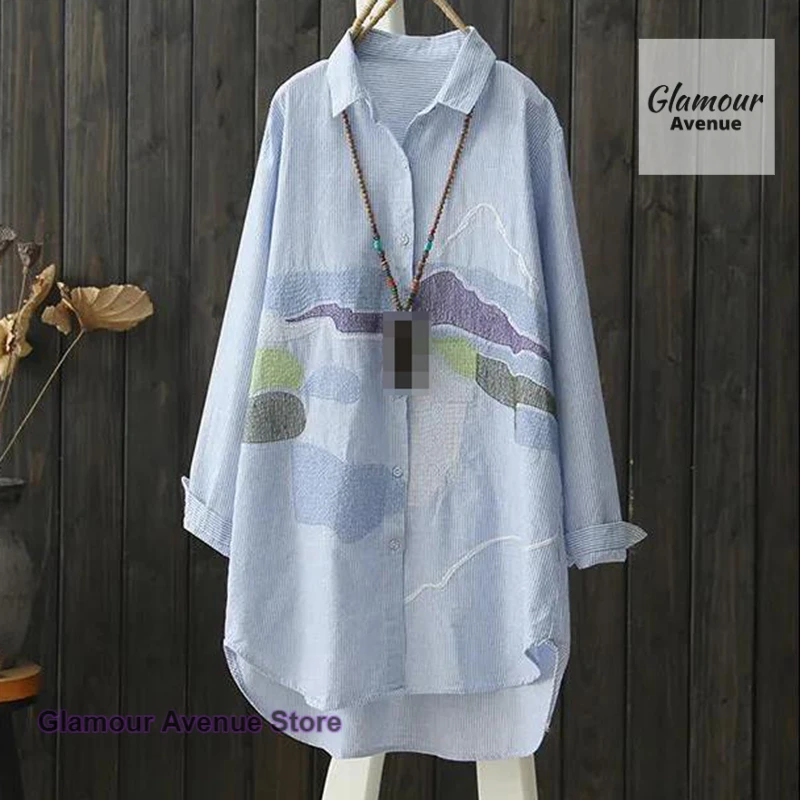 

Korean Embroidery Long Sleeve Cotton Shirt Women's Spring and Autumn New Fine Stripe Joker Art Plus Size Loose Casual Shirt