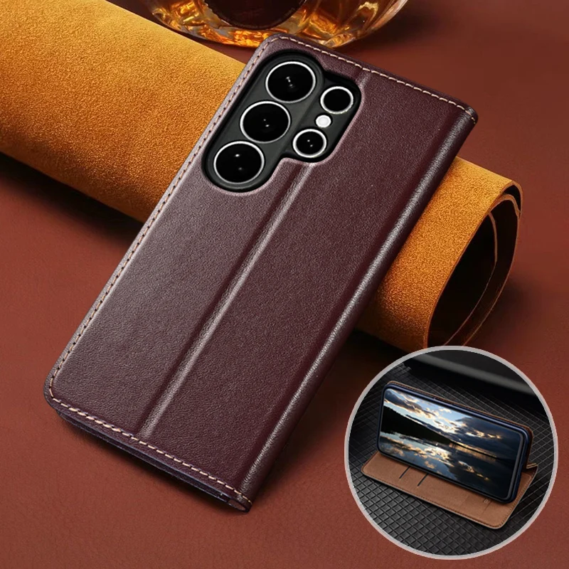 Etui typu flip do telefonów SAMSUNG Galaxy S26, S25, S24, S23 Ultra Plus FE 5G, z fakturą skóry Napa, magnetyczne, wykonane z prawdziwej skóry.