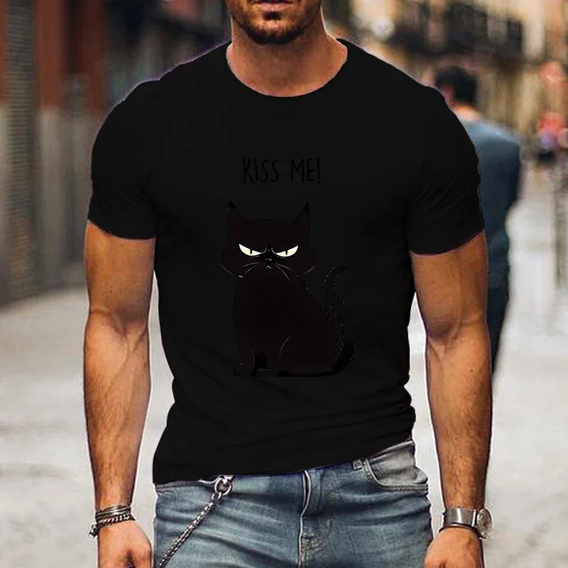 erkek Vintage boy kısa kollu Streetwear rahat moda erkekler Tee gömlek giysi Hip Hop Streetwear siyah kedi grafik T Shirt