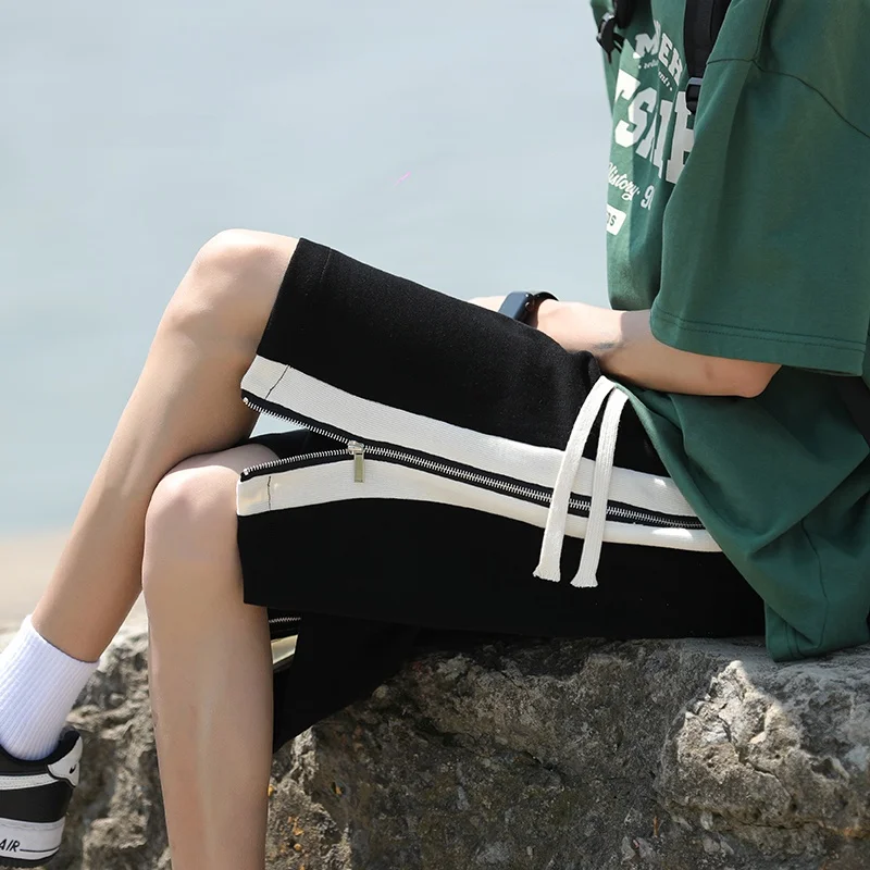 

American High Street Men's Zipper Slit Sports orts Summer Five-Quarter Loose Straight Casual Mid-Length Pants