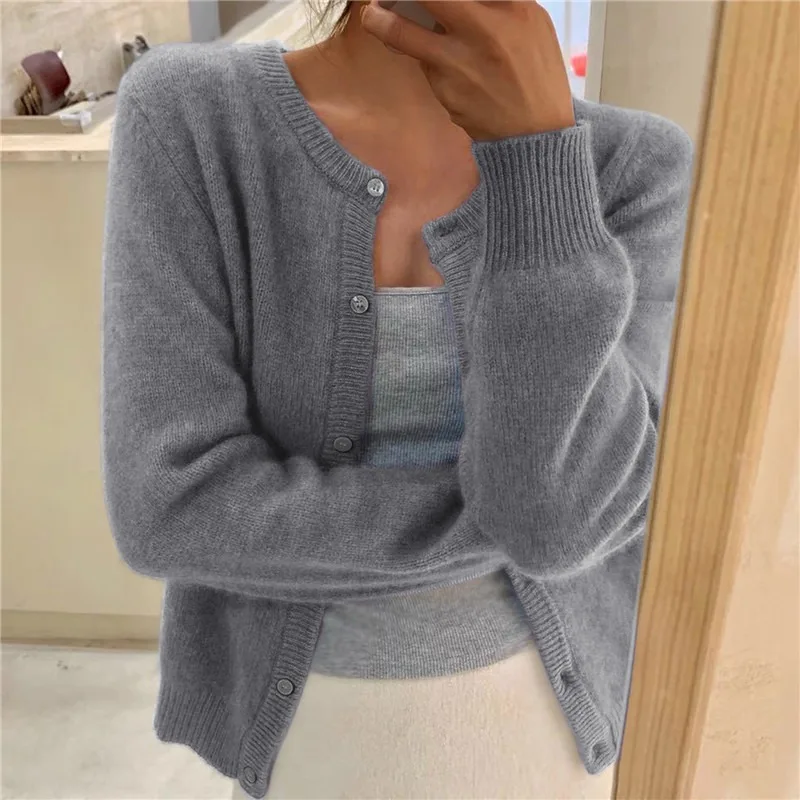 

New Pure Color Knitted Long Sleeve round Neck Casual Open Cardigan Women's Sweater Comfortable Fit Cute Style Wool Material