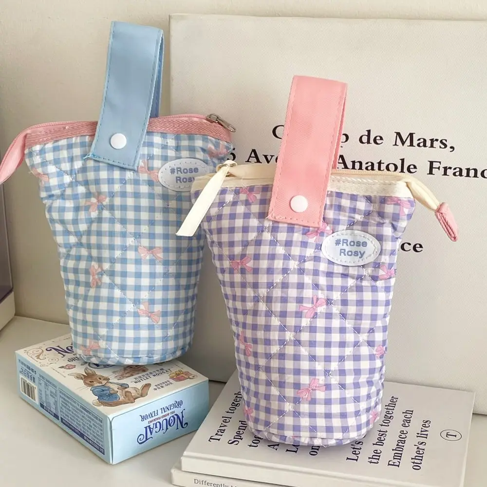 Складной пенал с бантом, большая емкость, сумка для хранения канцелярских принадлежностей на молнии, многофункциональная сумка для маркеров, клетчатая сумка-карандаш